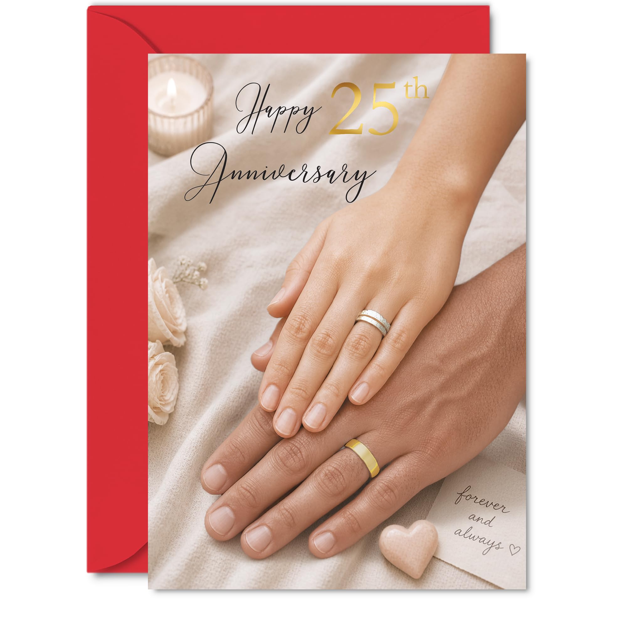 Sentimental 25th Anniversary Card - Celebrating 25 Years Together - Close-up of Intertwined Hands with Gold Rings - 5X7 Inch, Envelope Included