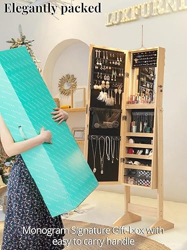 Miniatura 5 de LUXFURNI Armario de joyería con luz LED, espejo de pie, organizador de almacenamiento grande con cerradura y cajones (natural)