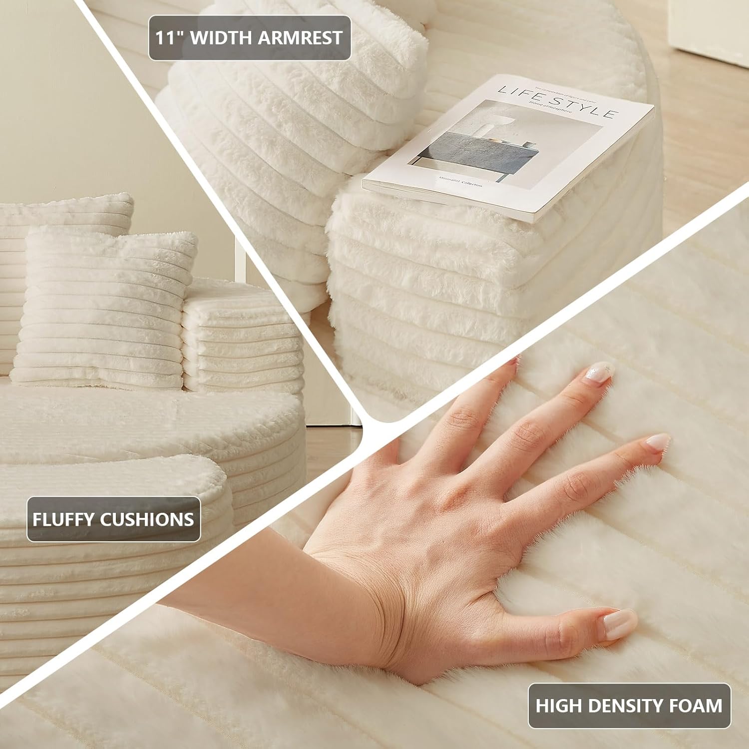 55''W Oversized Round Lounge Chair with Ottoman, Modern Corduroy Accent Chair, Upholstered Boneless Deep Seat for Living Room or Bedroom, No Assembly Required (Corduroy, White)