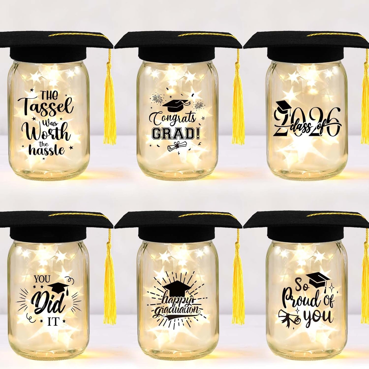 12 Sets 2026 Graduation Centerpieces for Tables, Glowing Mason Jar Centerpieces with Graduation Caps, Glowing Money Jars for College High School Congrats Grad Party Decor Supplies