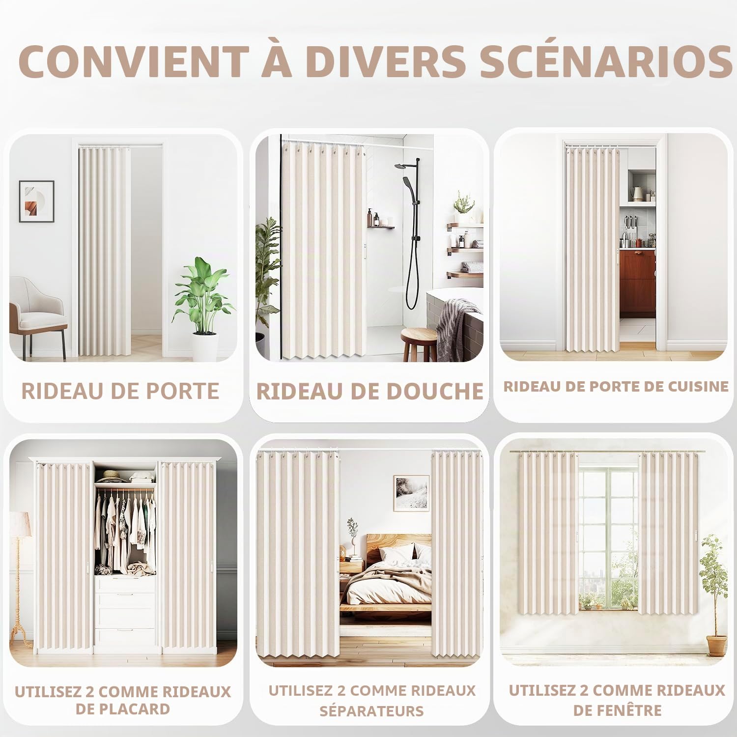 Vatge Rideaux de placard, rideaux de porte de style accordéon pour portes, rideaux plissés pour placard et séparateur de pièce, 1 rideau, 99 x 198 cm, beige