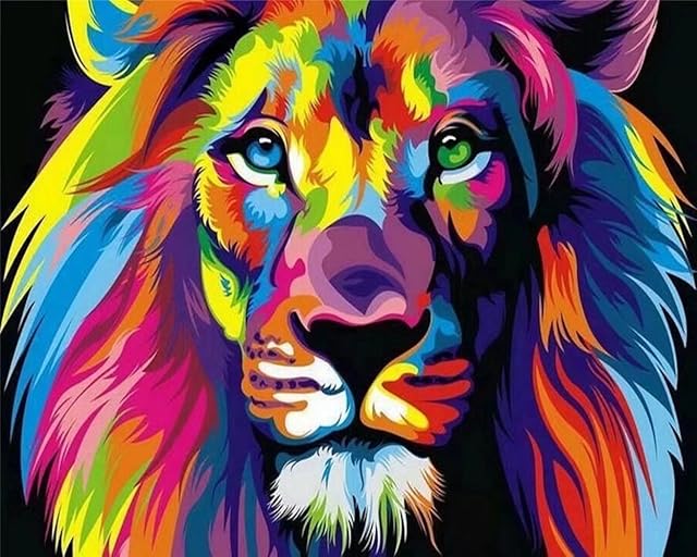 Tirzah Wooden Frame Paint by Numbers Kits with 3X Magnifier Card 40 x 50cm Diy Acrylic Painting for Kids, Adults Beginner, Students - Colorful Lion (Canvas is Pre-Mounted)