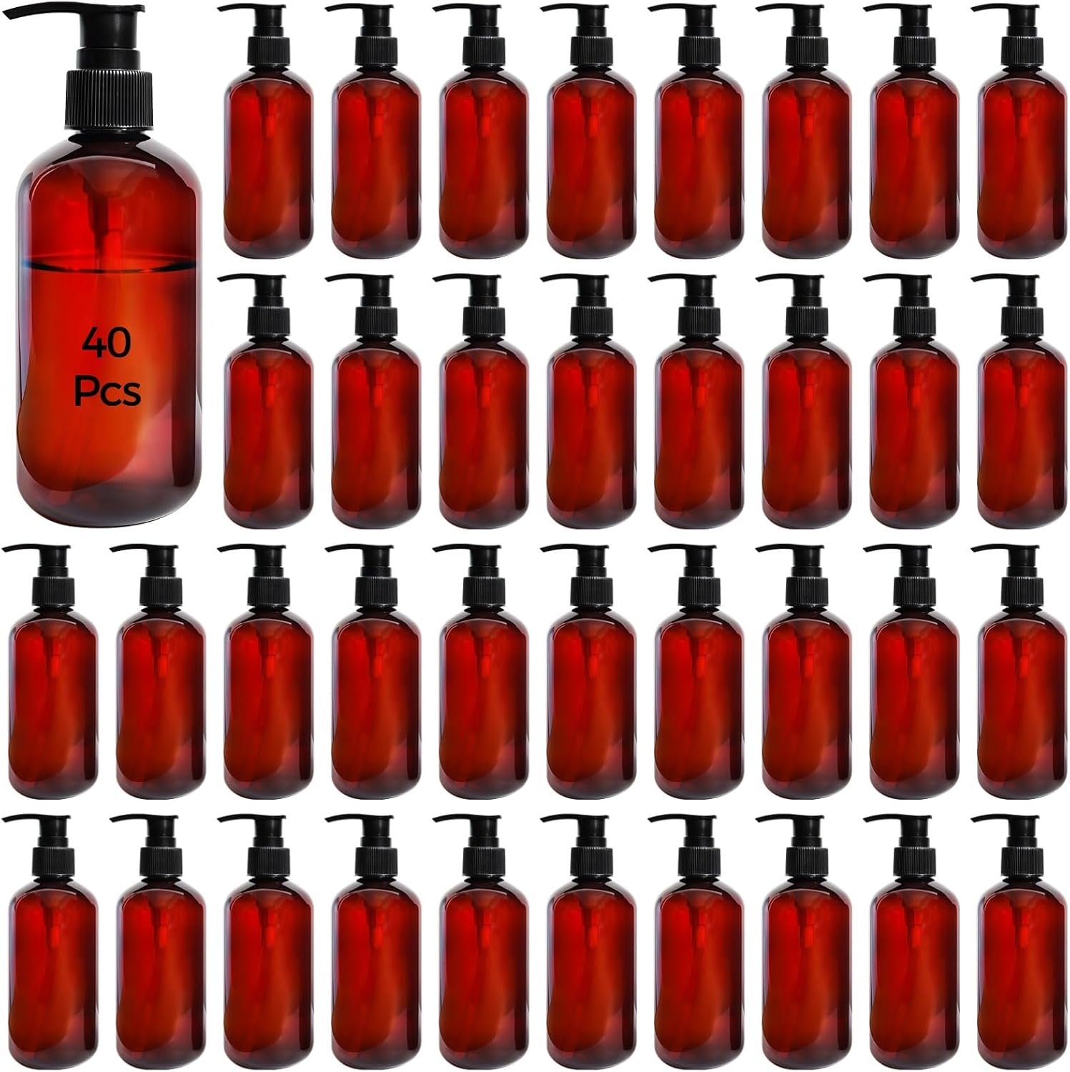 40 Pcs Empty Lotion Bottles with Pump 8oz - Refillable Amber Plastic Bottles, Liquid Dispensers with Secure Pumps, 250ml Travel-Size Containers for Lotion, Shampoo, Conditioner, Body Wash