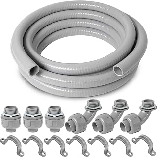 (1 inch Dia * 25 Feet) Yariwiz Flexible Electrical Conduit Liquid Tight PVC Conduit Kit with 3 PCS Coupling, 3 PCS Elbow and 7 PCS Strap, Sealtight Seal Flex Liquidtight Wire Outdoor Non Metallic Grey