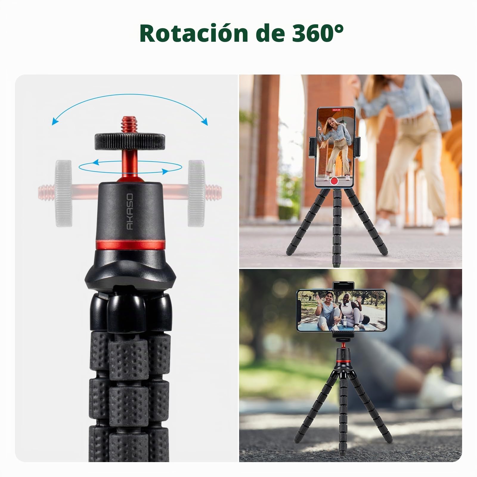 AKASO Trípode flexible para cámara de acción, mini trípode portátil con clip universal, rotación de 360°, soporte de mesa multifuncional compatible con GoPro, DJI, Insta360, AKASO