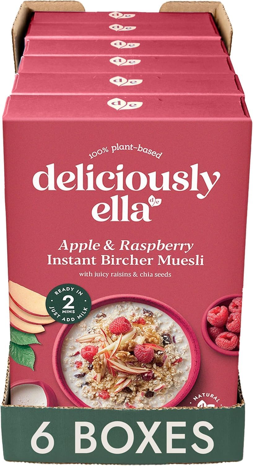Deliciously Ella Apple & Raspberry Bircher Muesli - 6 x 380g Boxes - Gluten Free | Vegan Friendly | Healthy Breakfast | Granola & Muesli