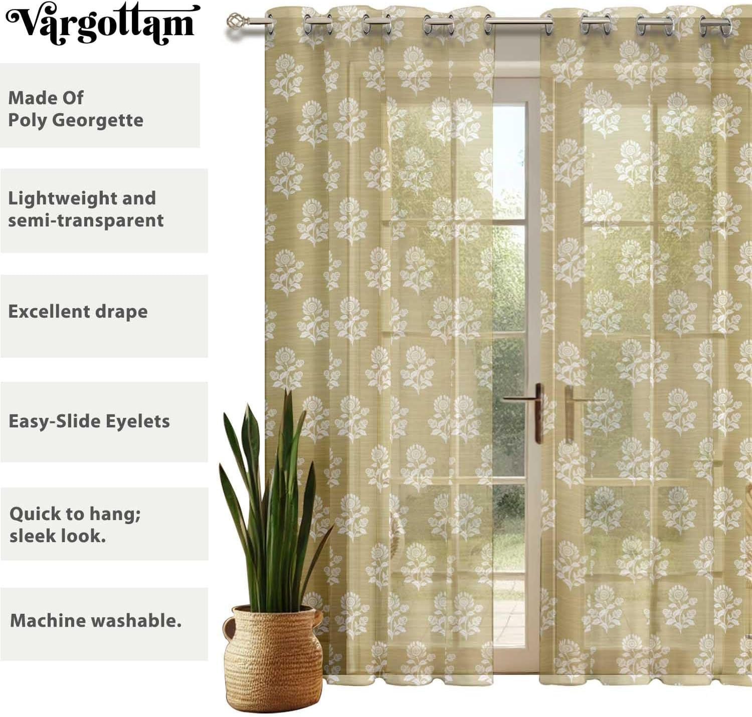Block Floral Design Sheer Curtains for Short Windows - Set of 2 Panels, 63", Grommet Top, Printed Georgette, Light Filtering Drapes for Kitchen or Bedroom