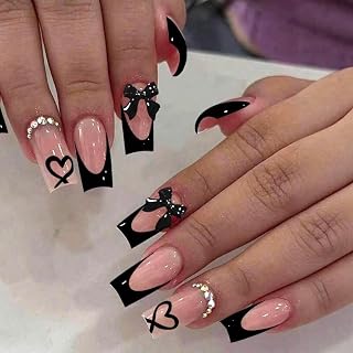 Ceboic 24pcs Square Prints on Nails, Medium Length, 3D Bowknot, Black French Fake Nails, Elegant Fake Nails with Heart and Rhinestones, Acrylic Full Body Adhesive Nail for Women and