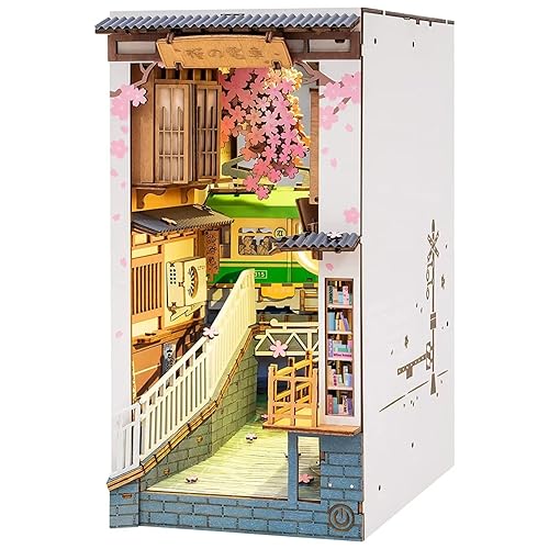 Rolife Sakura Densya Book Nook Kits for Adults DIY Miniature Kit with Light for Desk Library Bookshelf Decoration 3D Wooden Puzzle Booknook Model Kits for Adults to Build Gifts for Women - Sakura Densya