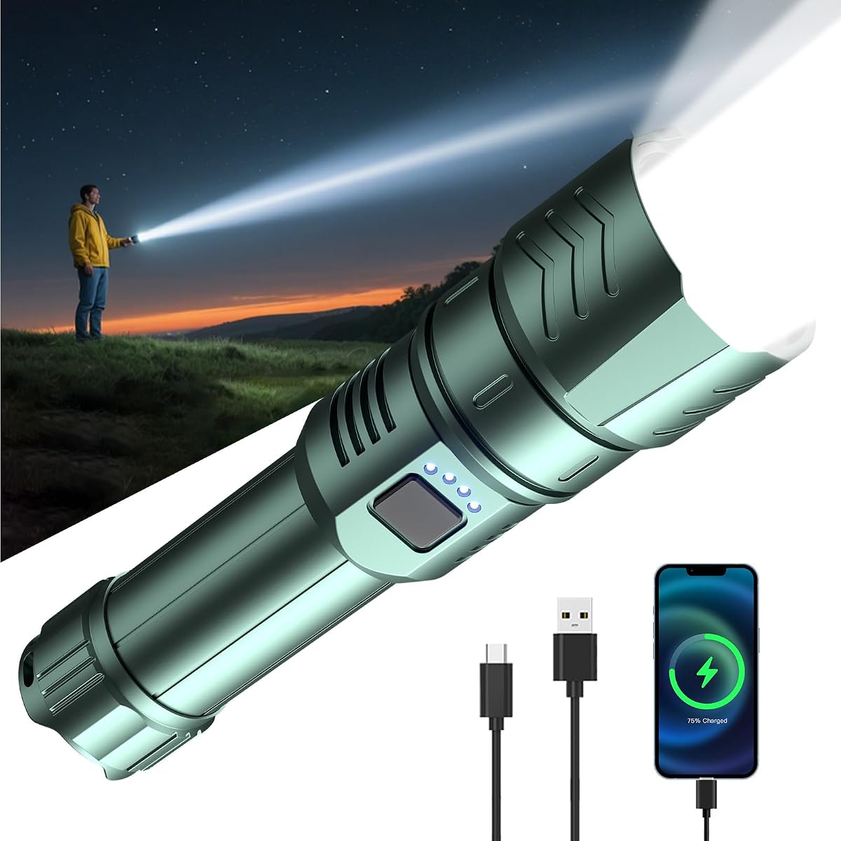 SKYFIRE Rechargeable Flashlight, 5000mAh High Lumens, Zoomable, Waterproof,