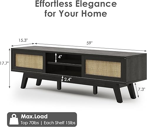 Miniatura 2 de Buytime Consola de TV de madera moderna de mediados de siglo de 59 pulgadas, soporte de TV bohemio para TV de 556065 pulgadas, consola multimedia de