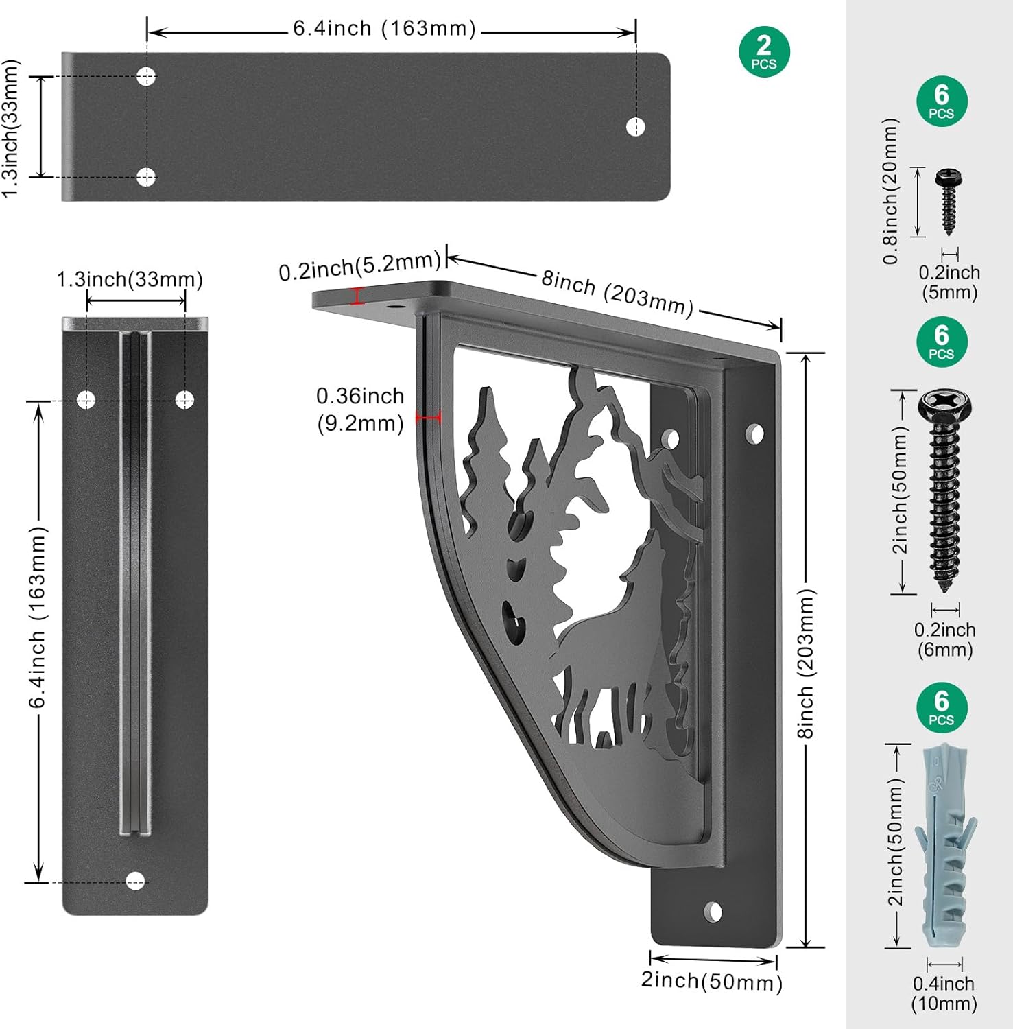 SELEWARE Black Heavy Duty Shelf Brackets, L 8" x H 8" x W 2" Wall Mount Decorative Shelving Brackets, 1/5" Thick Metal L Brackets with Mounting Hardware for DIY Floating Shelf (Wolf, 2 Pack)