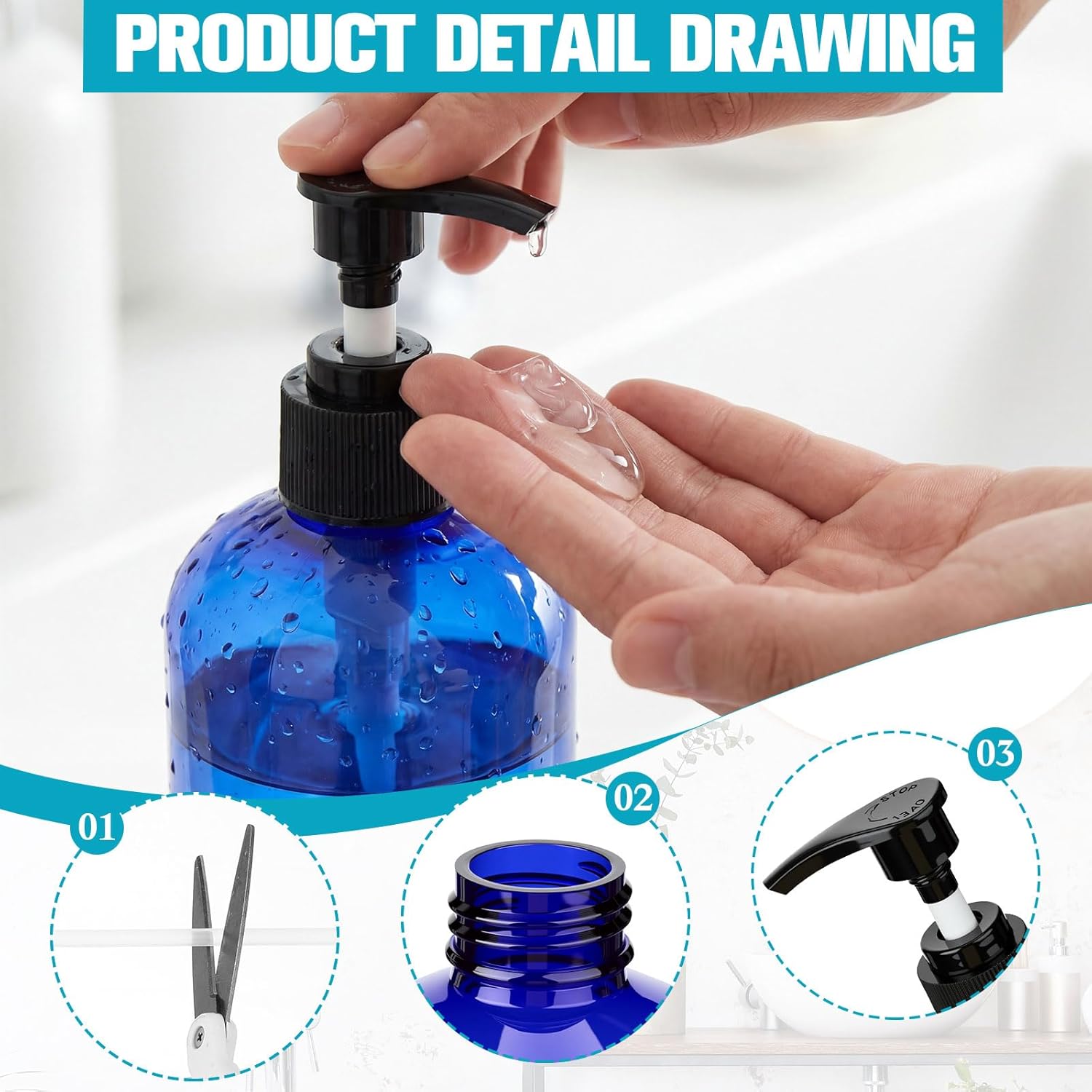 CroBlissful 24 Pcs Empty Plastic Pump Bottles 8oz Refillable Lotion Pump Bottle Containers with Dispenser for Shampoo, Conditioner, Face Cream, Massage Oil, Liquid Soap (Blue)