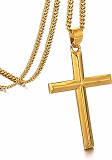 Cross Necklace for Men, Stainless Steel Cross Necklace for Men, Chain with Cross Pendant Silver Black Gold, Stylish Gift for Men Him, 20 Inches +2 Inches, Stainless Steel, No Gemstone, Stainless