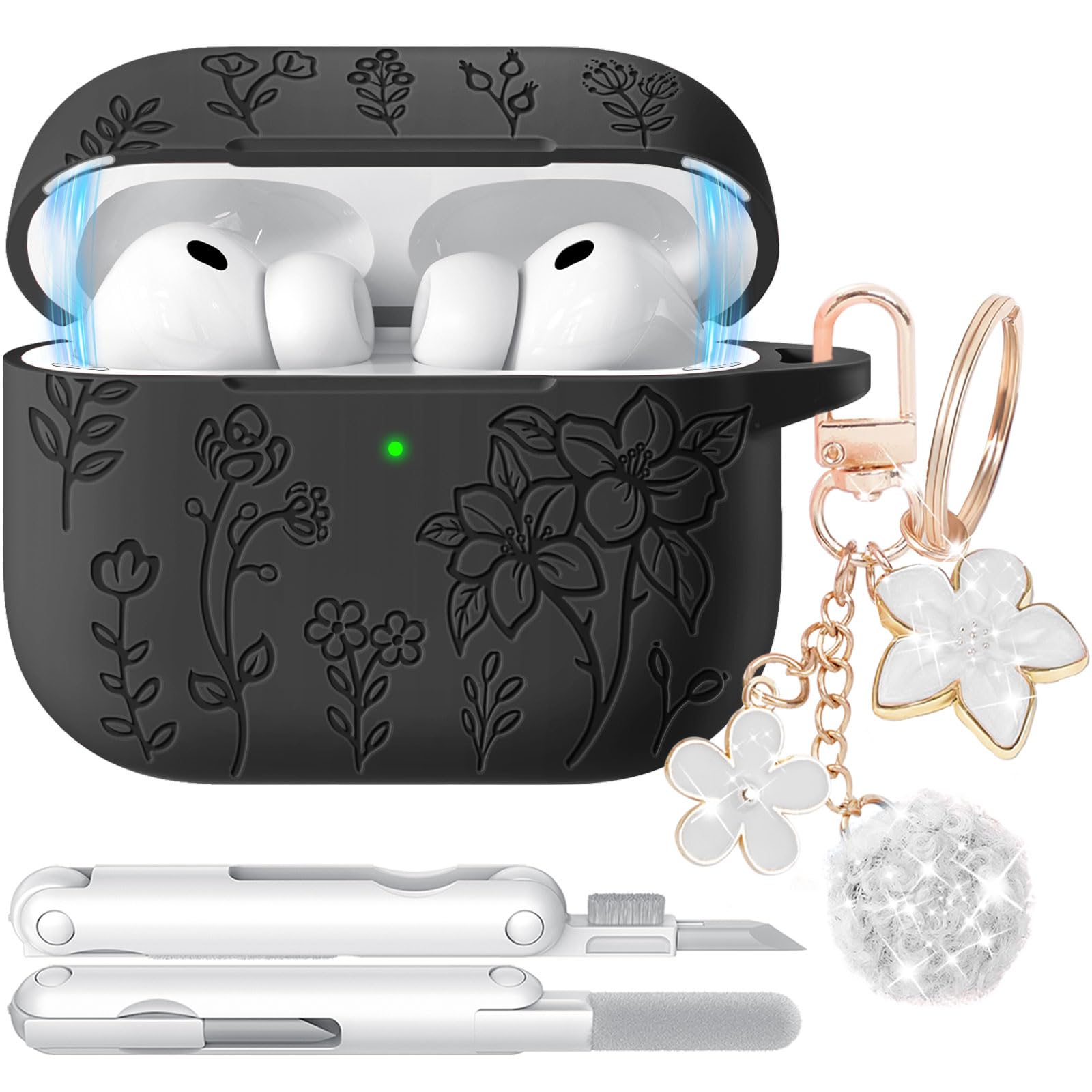 for Airpods Pro 3 Case with Magnetic Lid, Flower Engraved Case Cover Compatible with AirPods Pro 3rd Generation 2025, Soft Silicone Cases with Keychain &amp; Cleaner for Women Girly, Shockproof