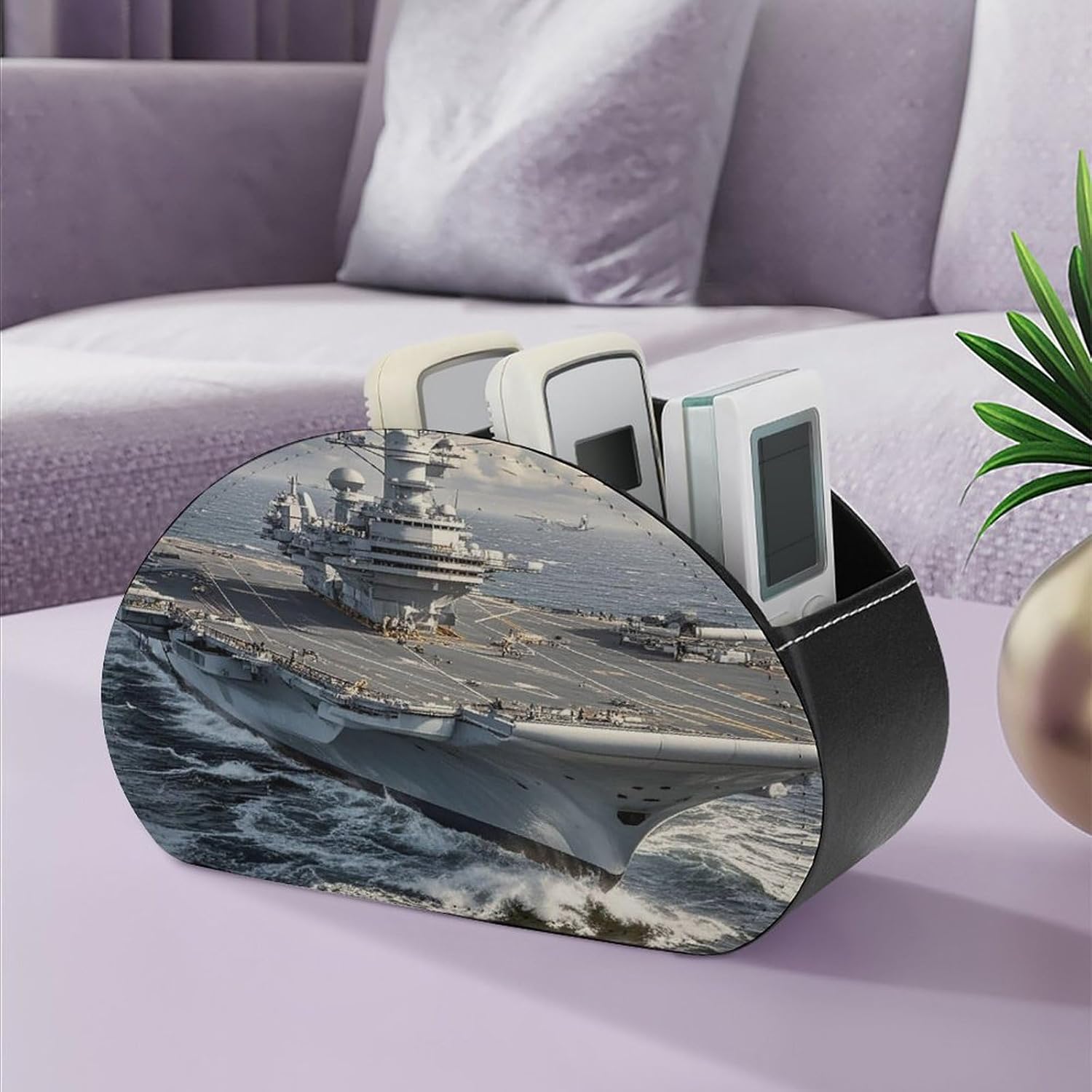 Aircraft Carrier Remote Control Holder with 5 Compartments Leather TV Remote Holders Multi-functional Remote Caddy Organizer Remote Organizer Controller Holder Nightstand Storages Box image 5