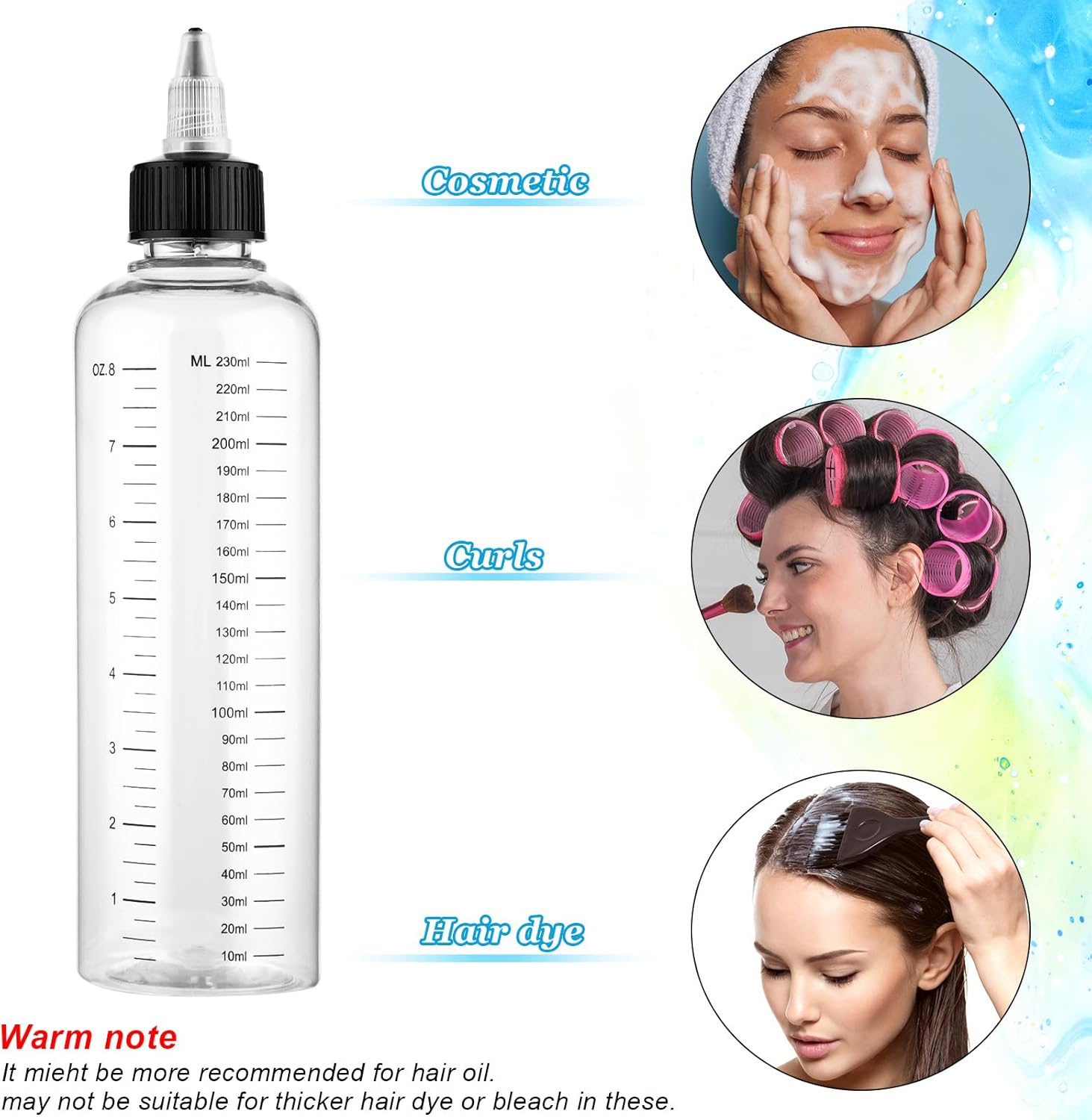 2 Pcs Applicator Bottle for Hair Dye 8.5oz With Graduated Scale Hair Oil Applicators Twist-On Top Tip Cap Empty Plastic Color Oil Squeeze Bottles for Salon Stylist Beauty Home