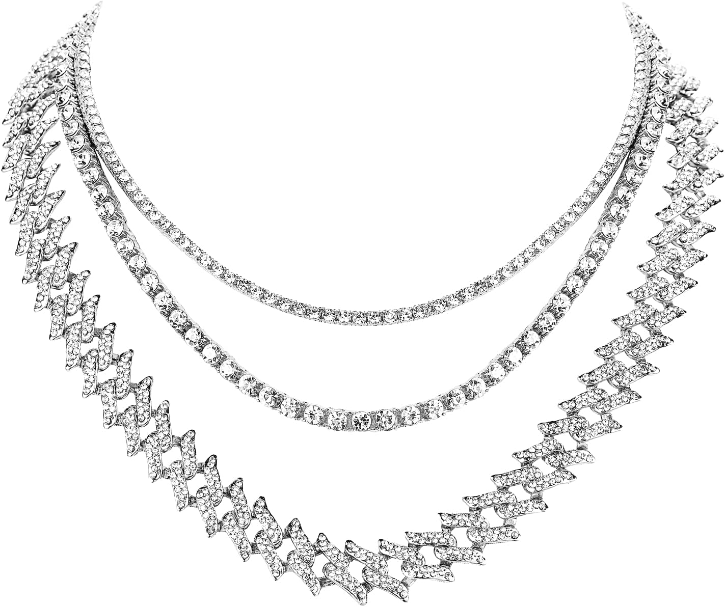 HH BLING EMPIRE Gold Silver Chain Necklace for Men Women Iced Out Diamond Tennis and Cuban Link Chain Necklaces Hip Hop Jewelry Sets 3Pc 18/20/24 Inch