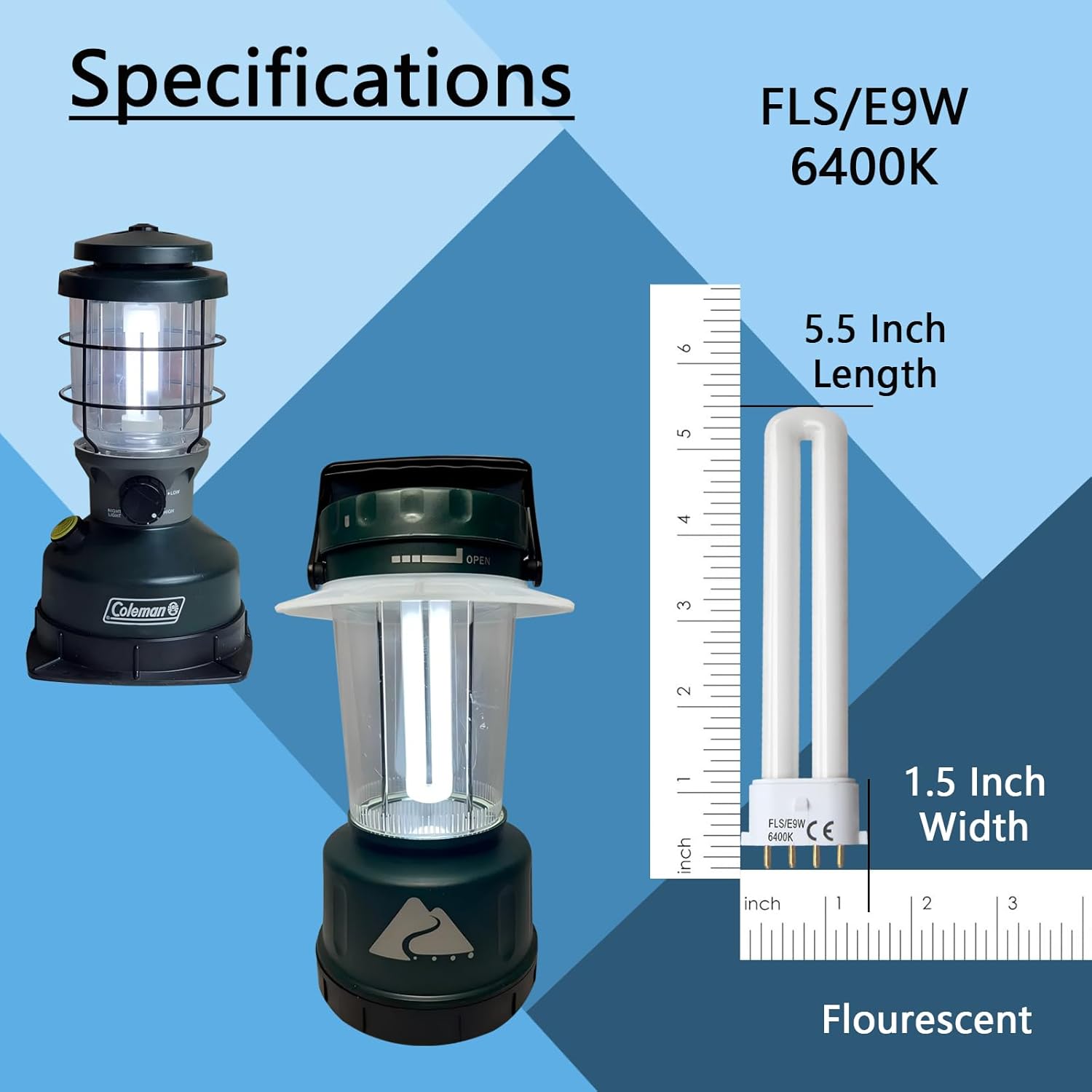 FLS/E9W 6400K Camping Lantern Bulb,Replacement for 9W Fluorescent Bulb,4 Pin 2G7 Base,5.5 inch Special Size,6400K(2PACK)