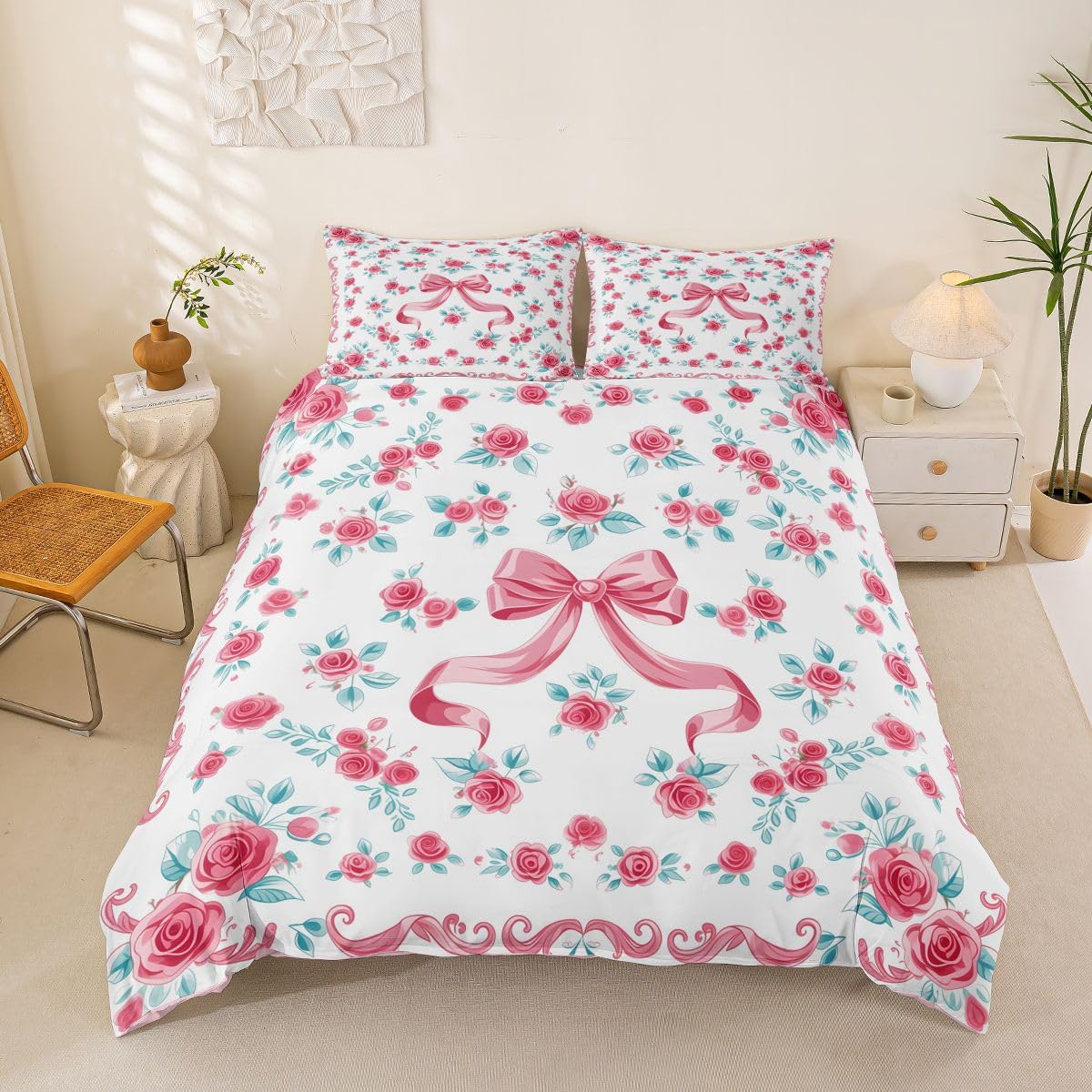 Loussiesd Bows Duvet Cover King Size Pink Bow for Boys Girls Bowknot Bedding Set 3Pcs Kawaii Room Decor Breathable Soft Lightweight Microfiber