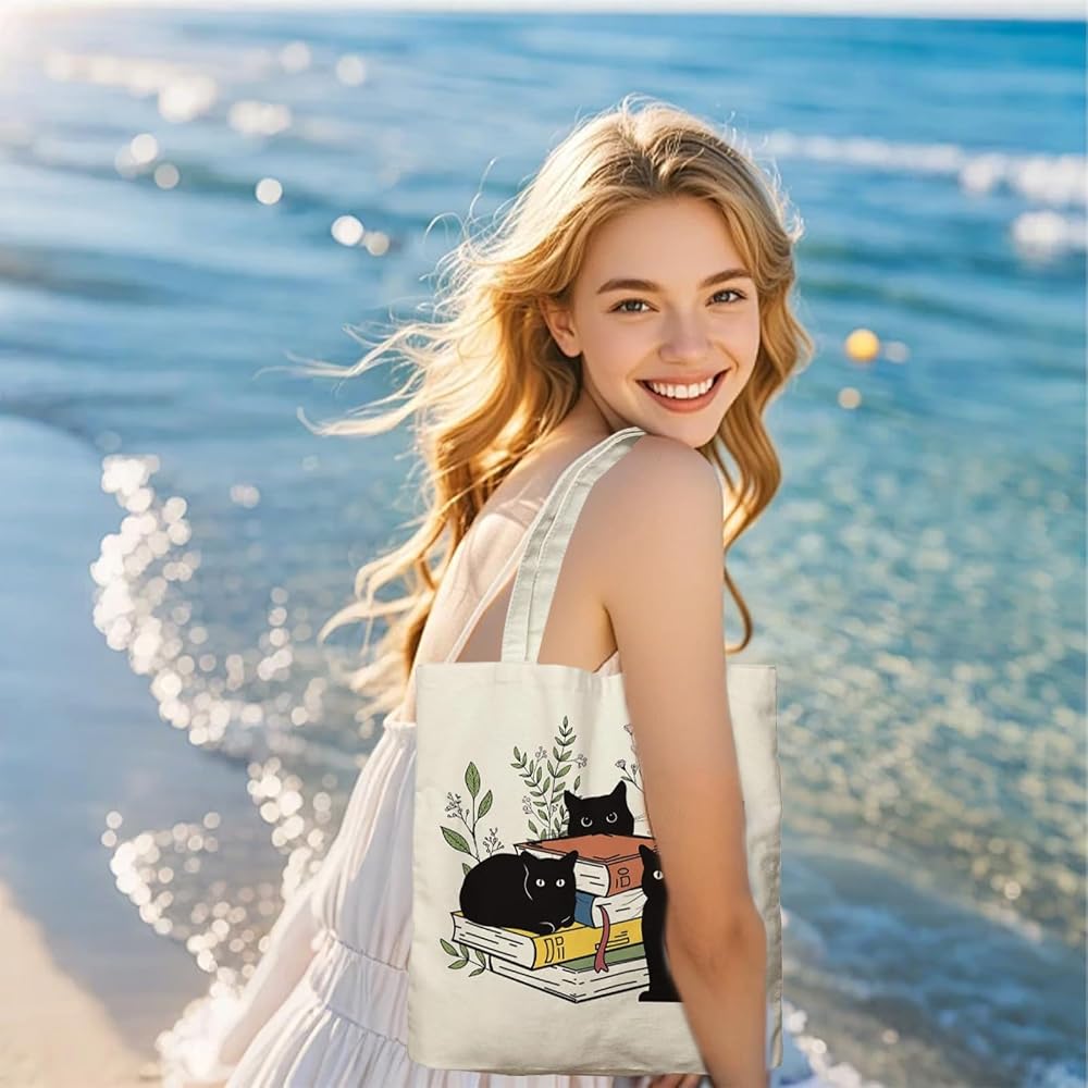 Dlzdn Borsa tote in tela con gatto girasole per donna borsa