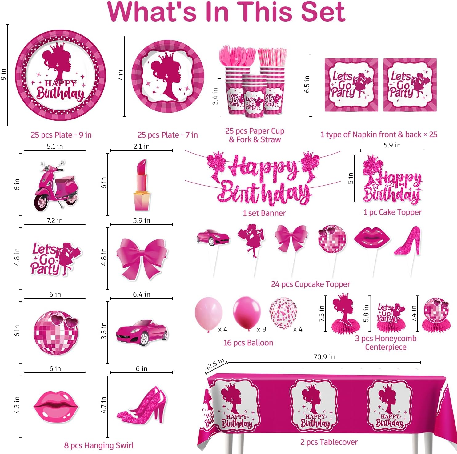 213Pcs Girl Birthday Decorations Serves 25 - Dessert & Lunch Paper Plates, Balloons, Napkins, Paper Cups, Tablecloth & Cake Topper - for 18th 21st Birthday Decorations for Girls