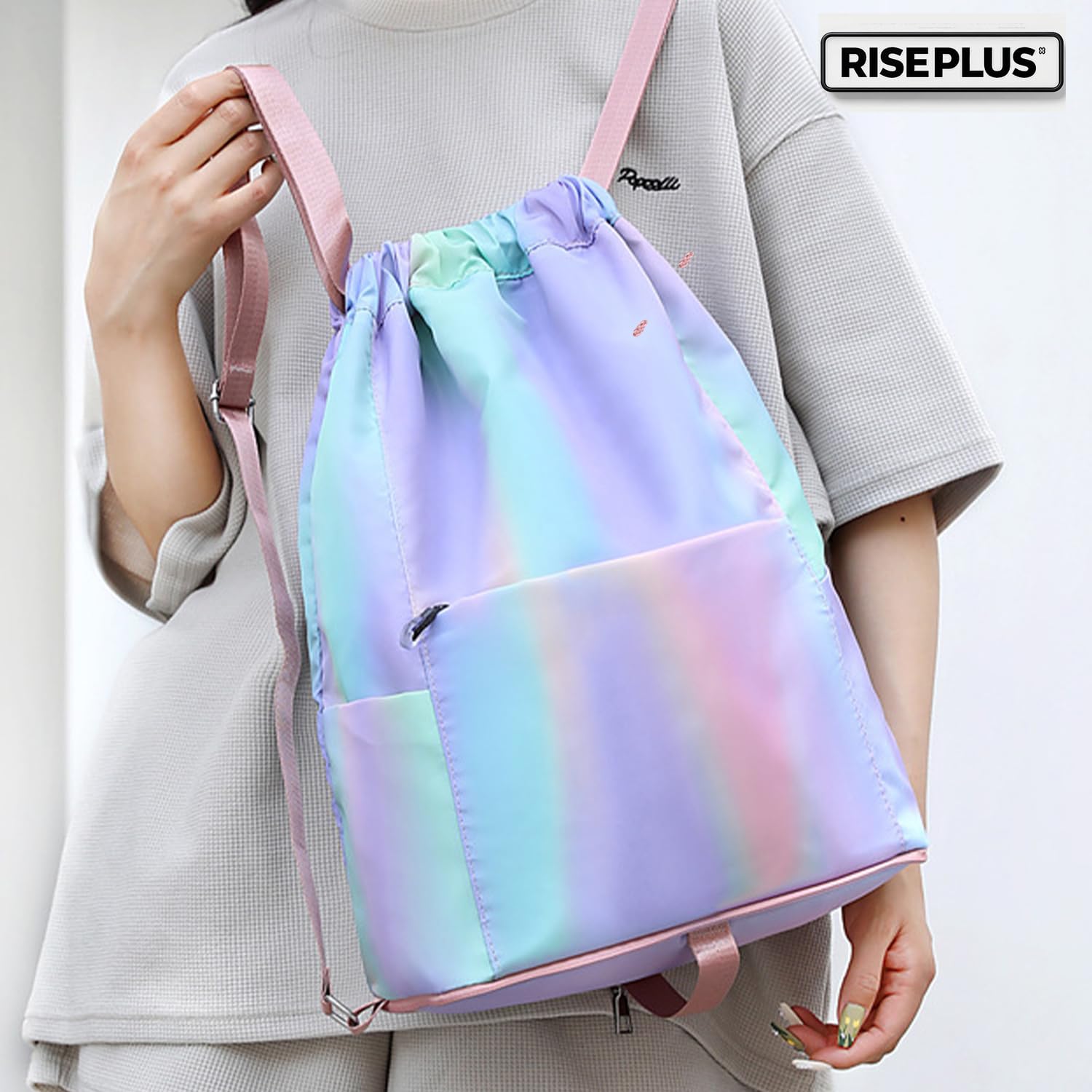 Sac à Dos Cordon Grand Imperméable ， Sac de Sport Femme/Homme Multifonction pour Piscine, Gym, Shopping, Voyage ， Sac à Dos Léger Pliable avec Poches Multiples ， 43x32x16cm