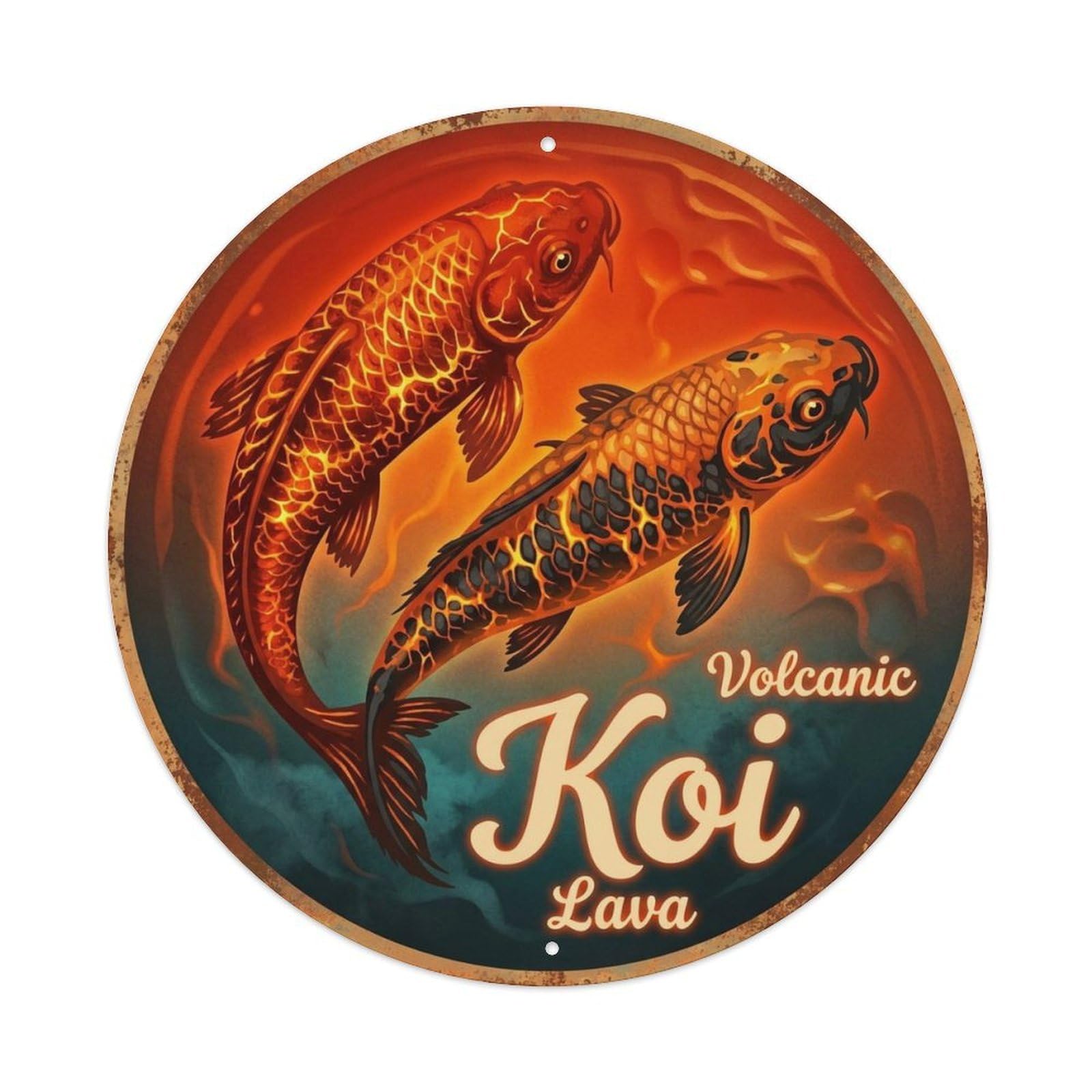 Koi Pond Water Classic Emblem Lava Vintage Metal Tin Sign Plaque Wall Decor for Cafe, Man Cave, Club Bar, Office, Home Garden Round Metal Poster 8x8Inch