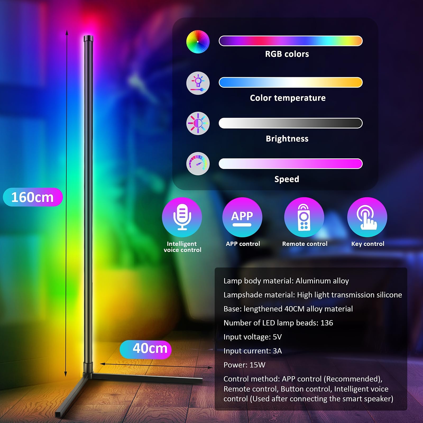 Euakee Lampadaire sur Pied Salon, WiFi RGBIC Lampadaire LED d'Angle avec Alexa/Google Home, Musique Sync, 16 Millions Couleurs, Lampe Moderne pour Salon, Chambre, Salle de Jeux (2 Pièces)