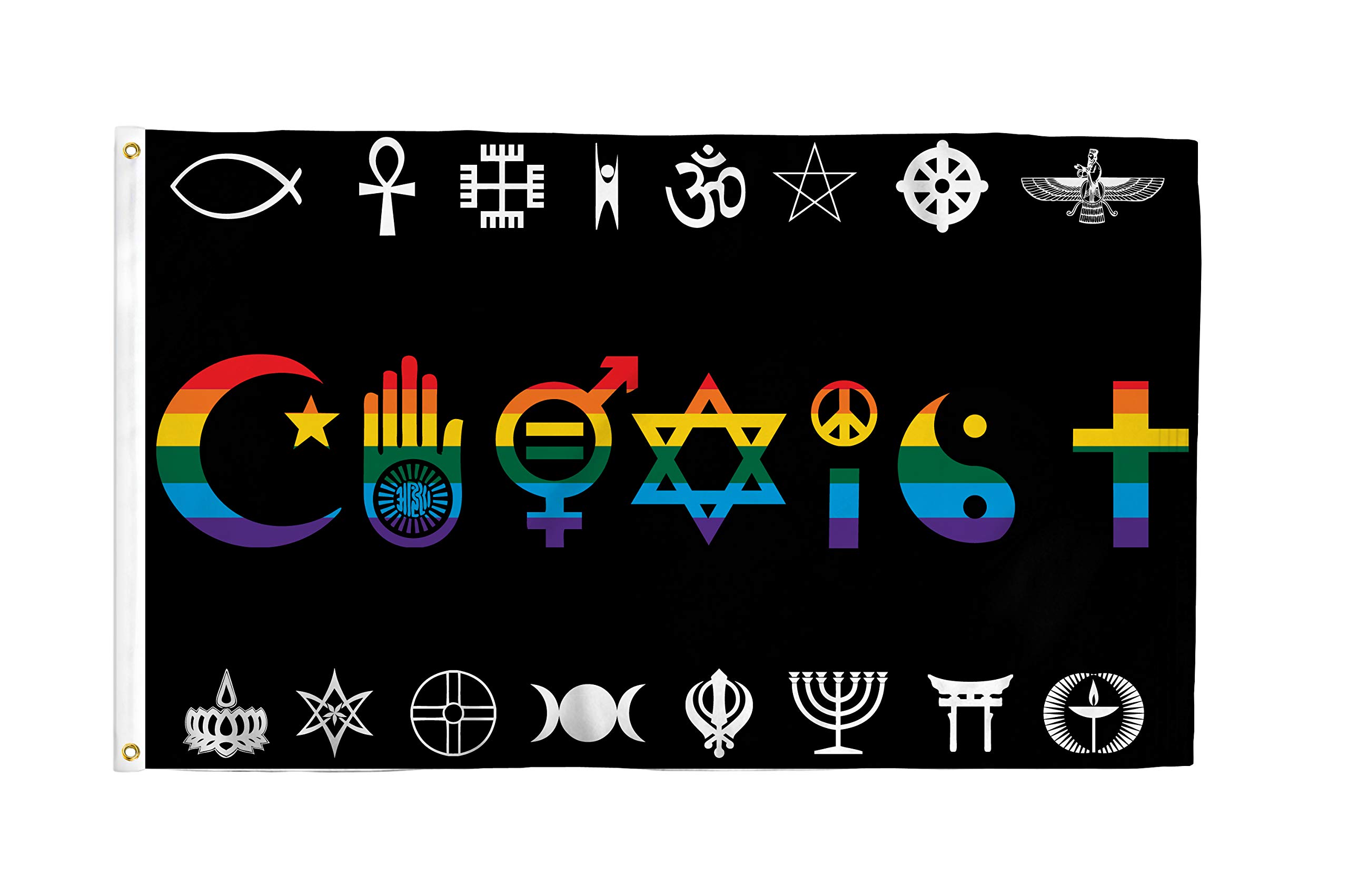 FlagJoint Coexist Rainbow Flag 3x5 Foot LGBTQ+ Pride Flag - Vibrant Colors, UV Resistant, Brass Grommets, Durable 100 Denier Polyester, Quad-Stitching - Perfect for Indoor or Outdoor Flying!