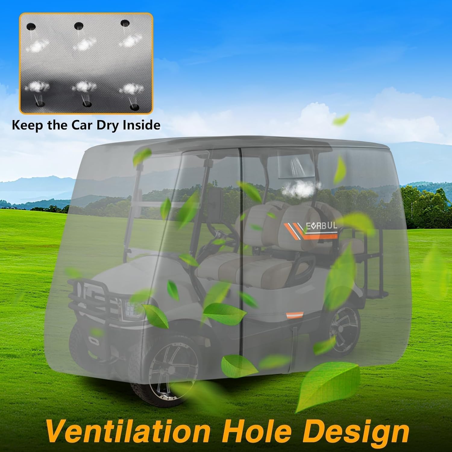 EVRBUL Golf Cart Cover 2/2+2/4 Passenger Heavy Duty 420D Waterproof Golf Cart Covers with Three Zipper Doors Compatible with EZGO, Club Car, Yamaha Golf Carts,Windproof Sunproof Golf Cart Cover (Gray)