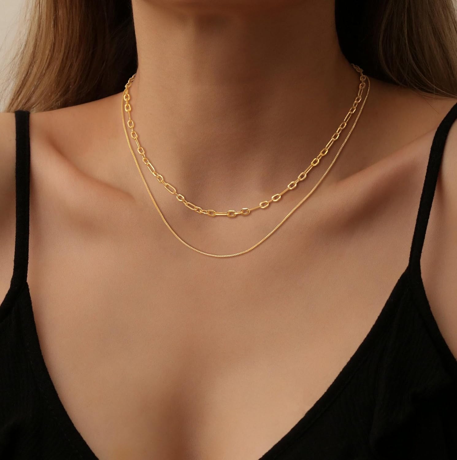 Layered 14K Gold Plated Necklaces for Women,Dainty Chain Necklace Stack Herringbone Box Paperclip Choker Necklaces Set Trendy Simple Non Tarnish 14K Gold Plated Jewerly Gifts for Women - Image 5