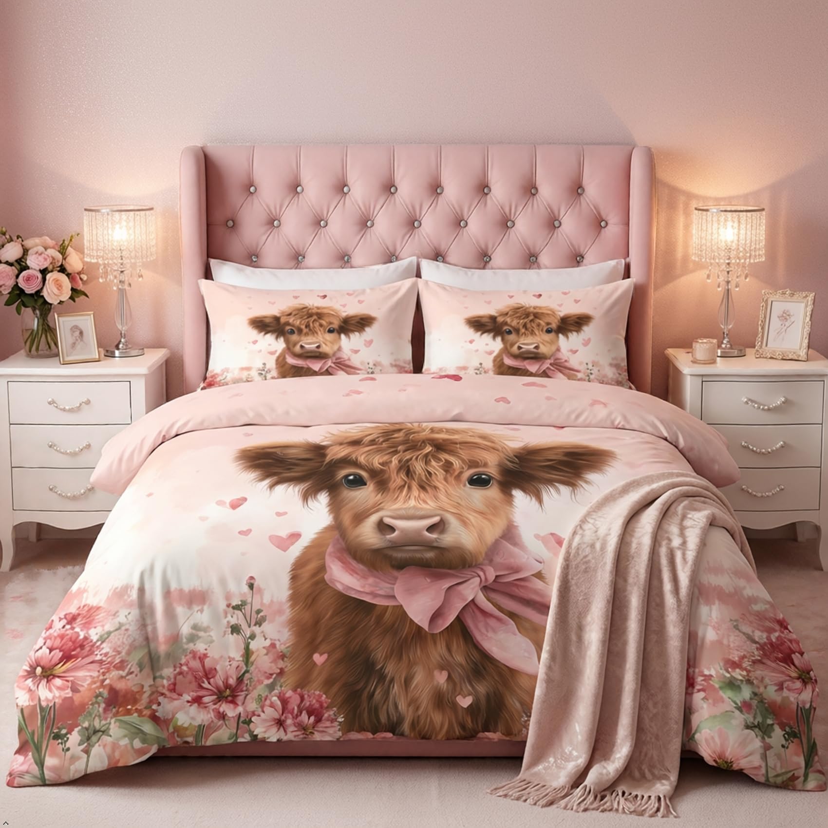 Kids Highland Cow Single Duvet Cover Set - Farm Animal Highland Cattle Bedding & Bedroom Decor, Super Soft Microfiber Quilt Cover and 1 Pillowcases, with Zip, Reversible Design SD-1216