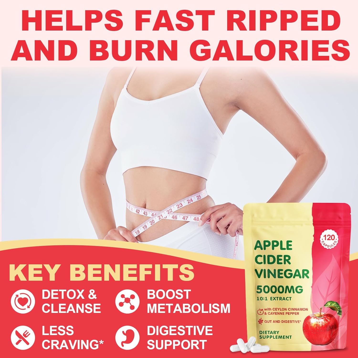 Apple Cider Vinegar Capsules 5000mg with Mother, GLP-1 Support ACV Pills Supplements with Organic Cayenne Pepper & Ceylon Cinnamon, Inulin, Probiotics for Diet, Digestion, Detox, Immune, Vegan, 120 Ct - Image 3