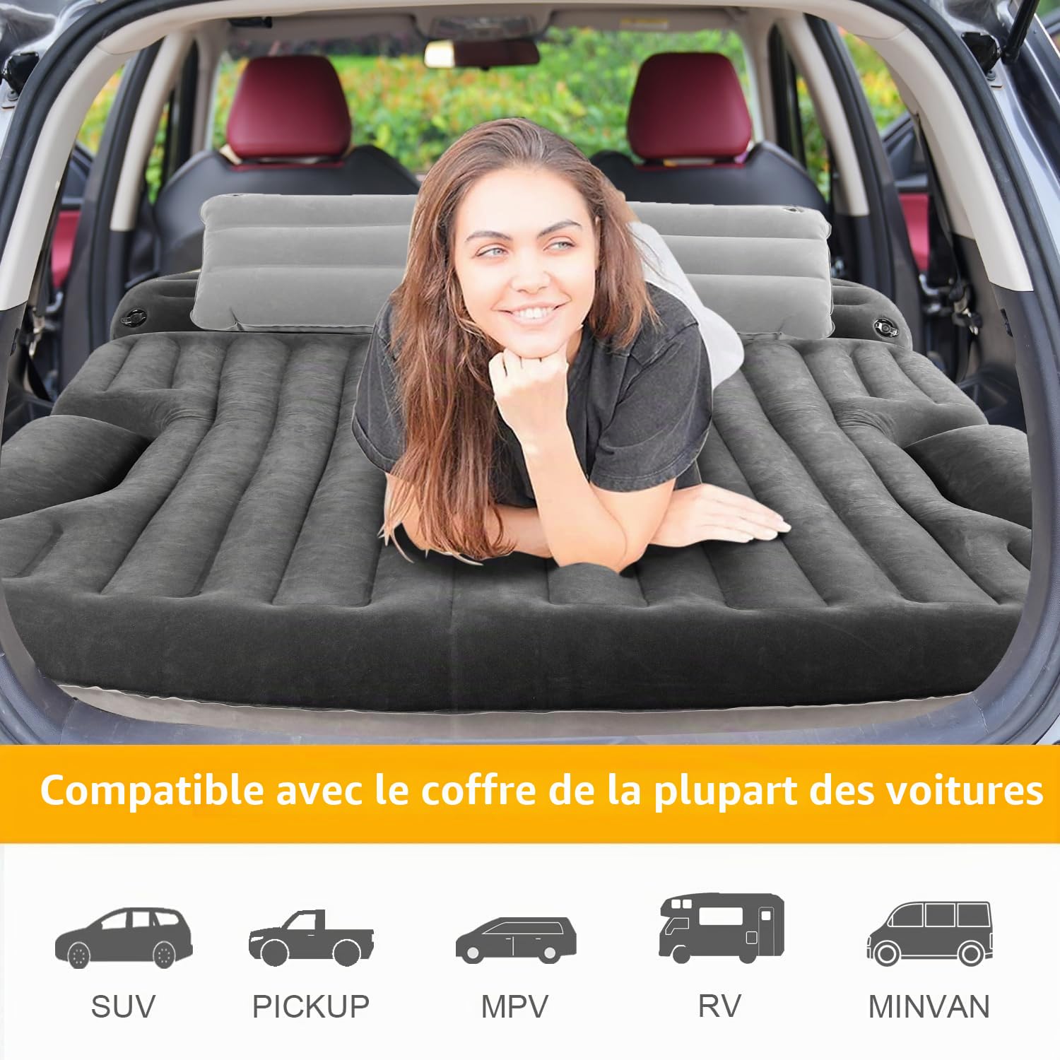 KMZ Matelas gonflable pour SUV épais et double face floqué avec 2 oreillers et pompe électrique Coussin mobile dédié pour coffre de SUV et siège arrière (gris foncé)