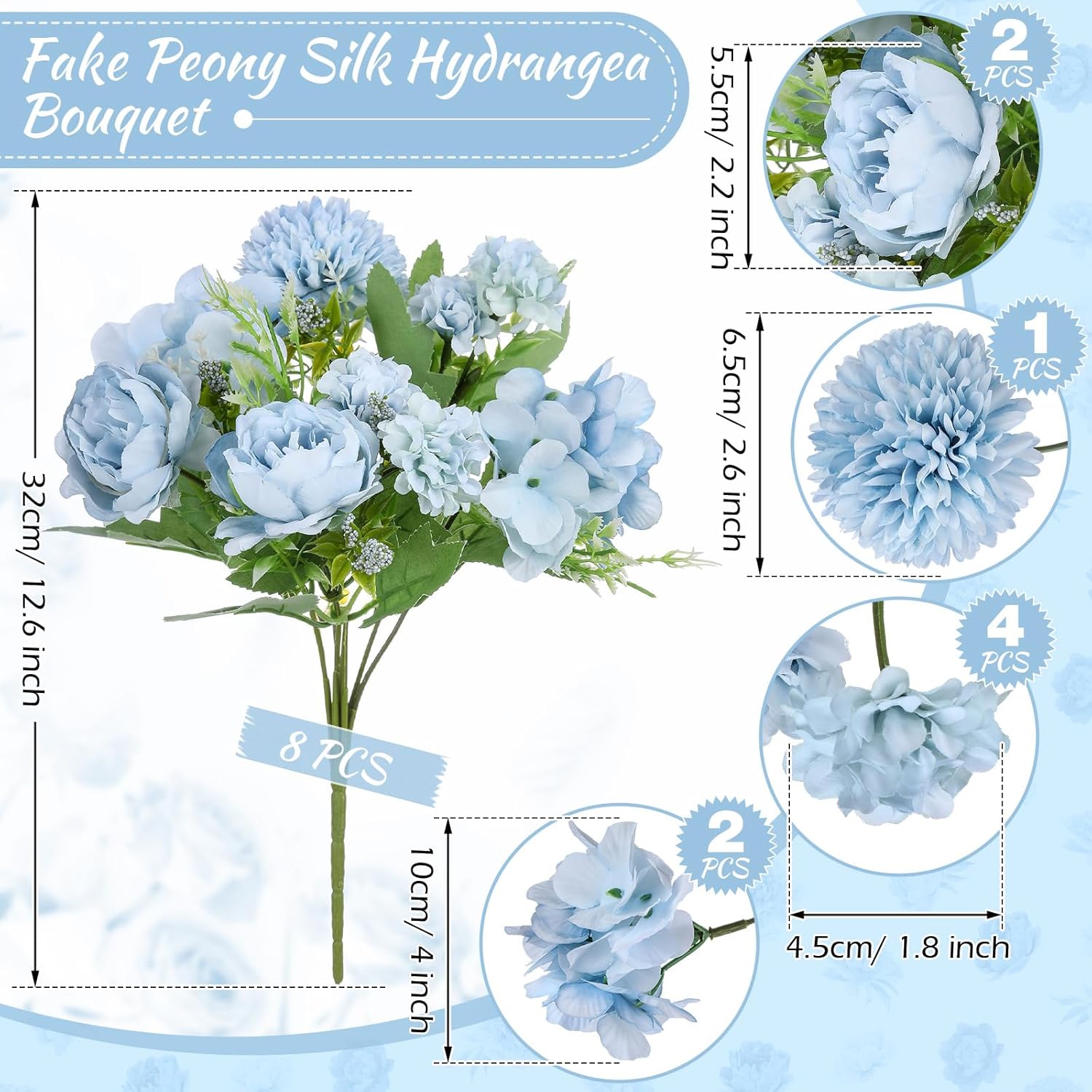 Lyrow 8 Pcs Peony Artificial Flowers Fake Silk Hydrangea Bouquet Elegant Peony Flowers for Wedding Decoration Faux Realistic Floral for Home Party Table Centerpieces Arrangement (Blue) - Image 2