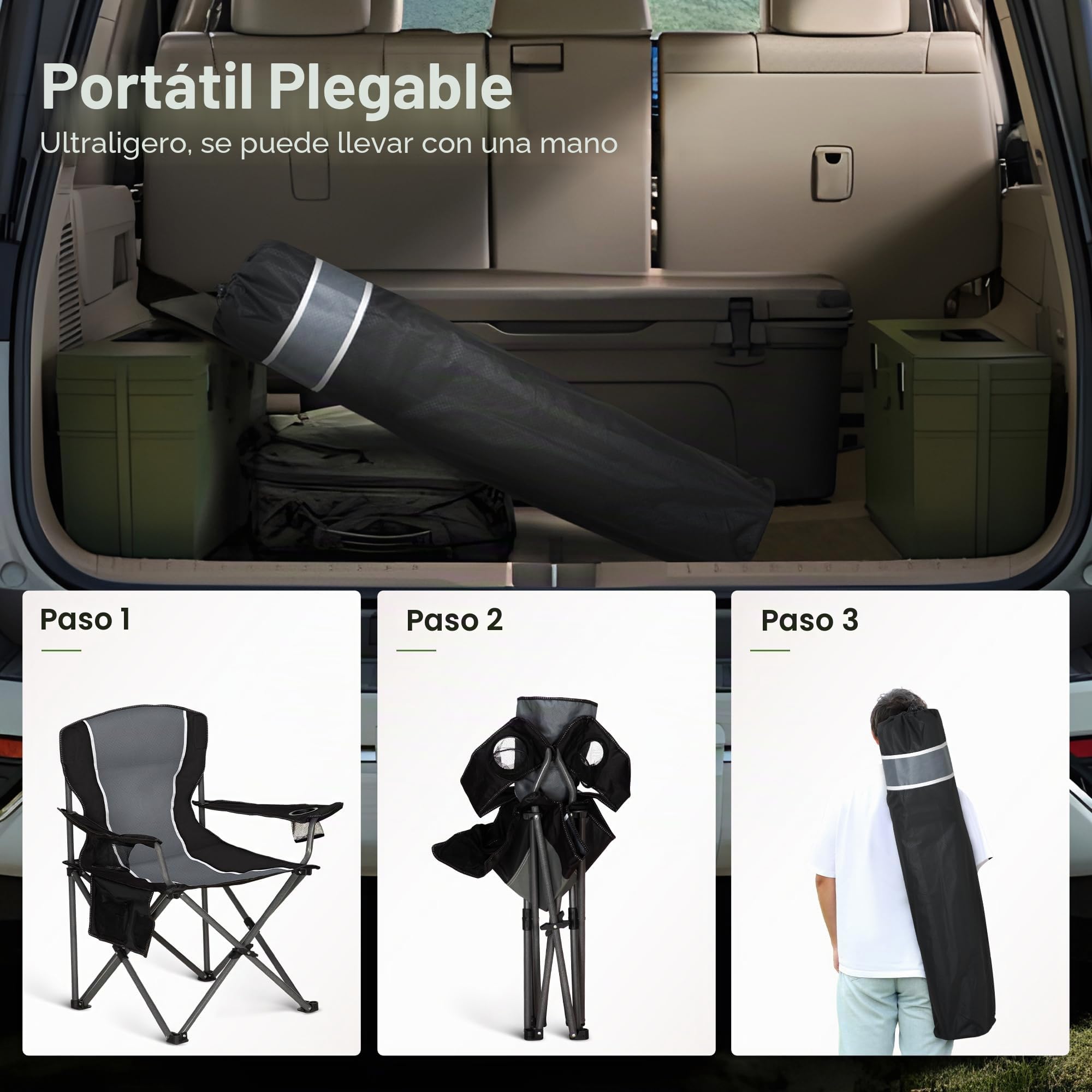 HIGH POINT SPORTS Silla de Camping Negro, Silla Camping Plegable Silla Plegable Portátil de Gran Tamaño, Silla Plegable Azul-Gris Resistente al Aire Libre 160KG Silla de Pesca (Negro 2 Piezas)