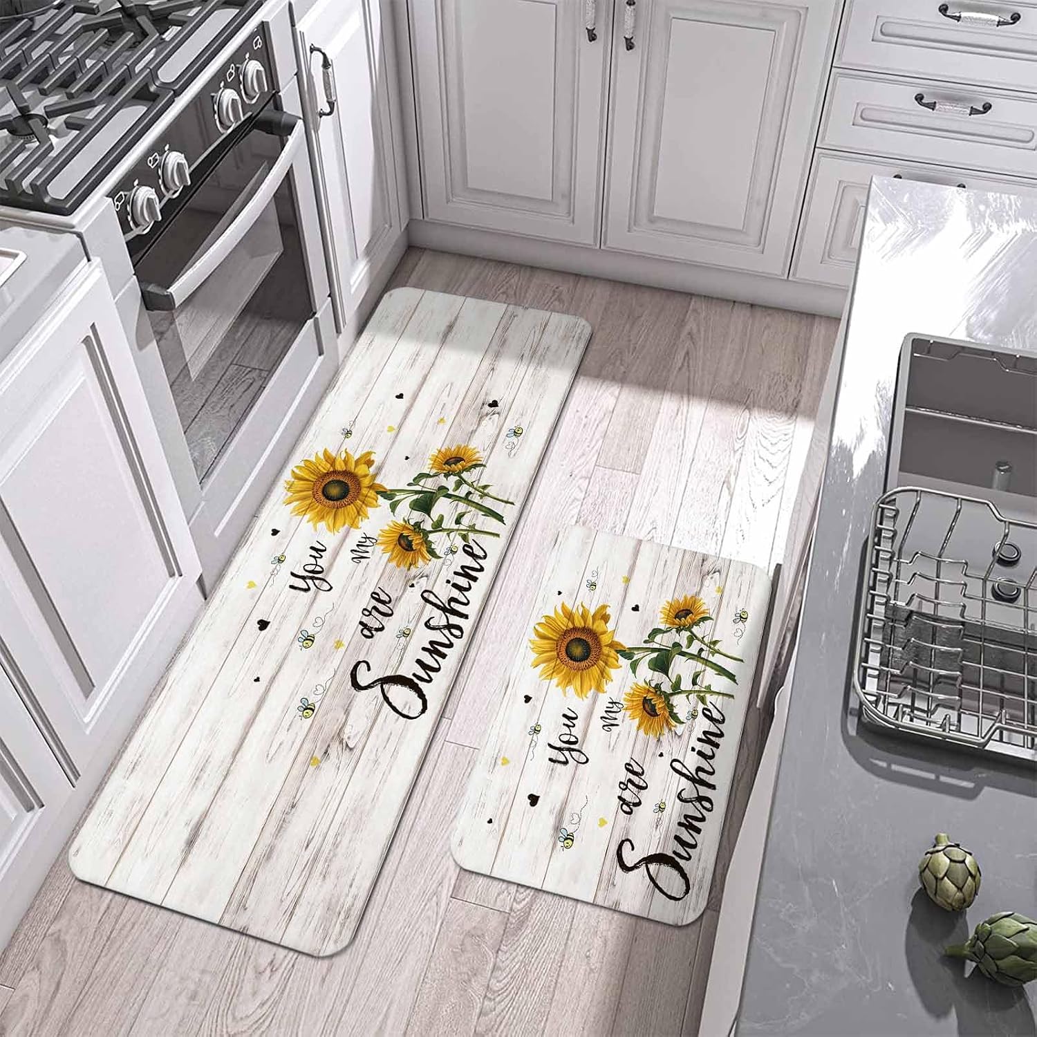 Prime Leader You are My Sunshine Kitchen Mat Set 2 Pieces Vintage Yellow Sunflower Floral Bees Wood Grain Non Slip Kitchen Rugs Washable Runner Rug Mats for Sink Laundry(15.7" x 23.6"+15.7" x 47.2")