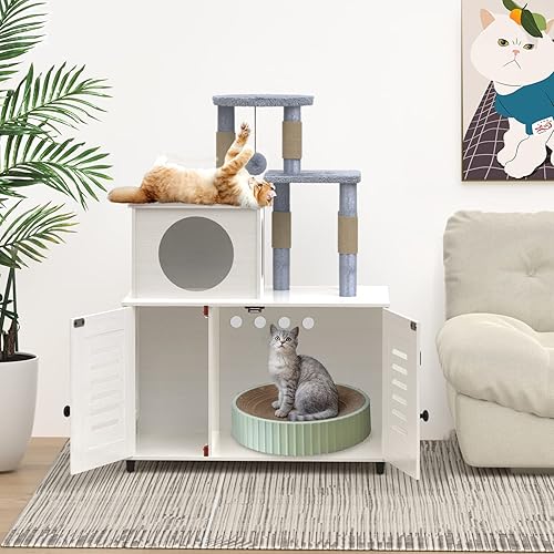 Miniatura 2 de EasyCom Litter Box Enclosure, Hidden Cat Tree Tower Furniture for Indoor House, All-in-one Wooden Cat Litter Cabinet with Scratching Post and Condo,