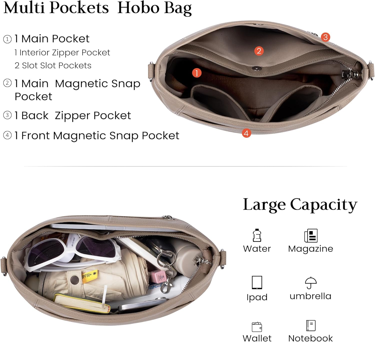 befen Genuine Leather Purse for Women Soft Leather Hobo Crossbody with 2 Detachable Straps Large Womens Purses And Handbags - Image 5