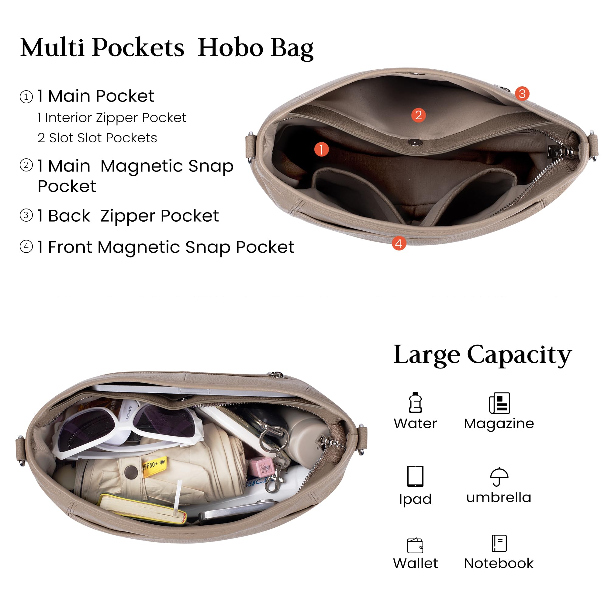 befen Borsa in vera pelle da donna in morbida pelle Hobo Crossbody con 2 cinghie staccabili grandi borse e borse da donna