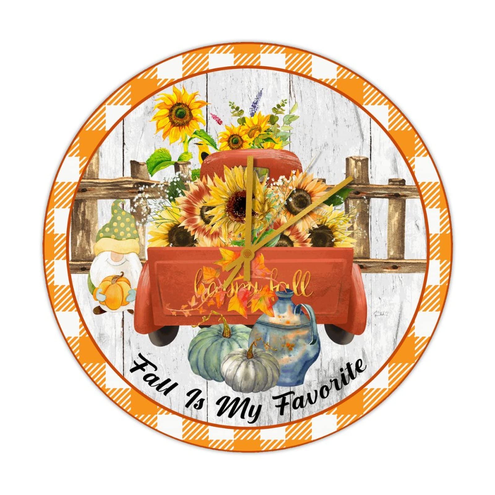 Horloge murale ronde en bois de 38 cm style vintage avec gnome d'automne silencieuse