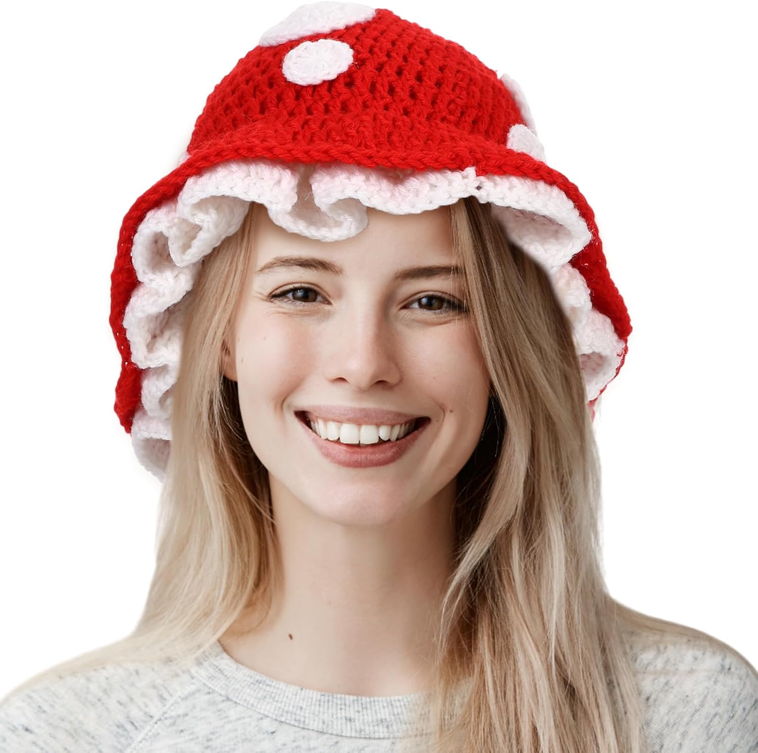 Jecery Mushroom Hat Halloween Knitted Mushroom Bucket Hat White Red Polka Dots Funny Novelty Cap Halloween Cosplay Costume Accessory for Adult Women Men