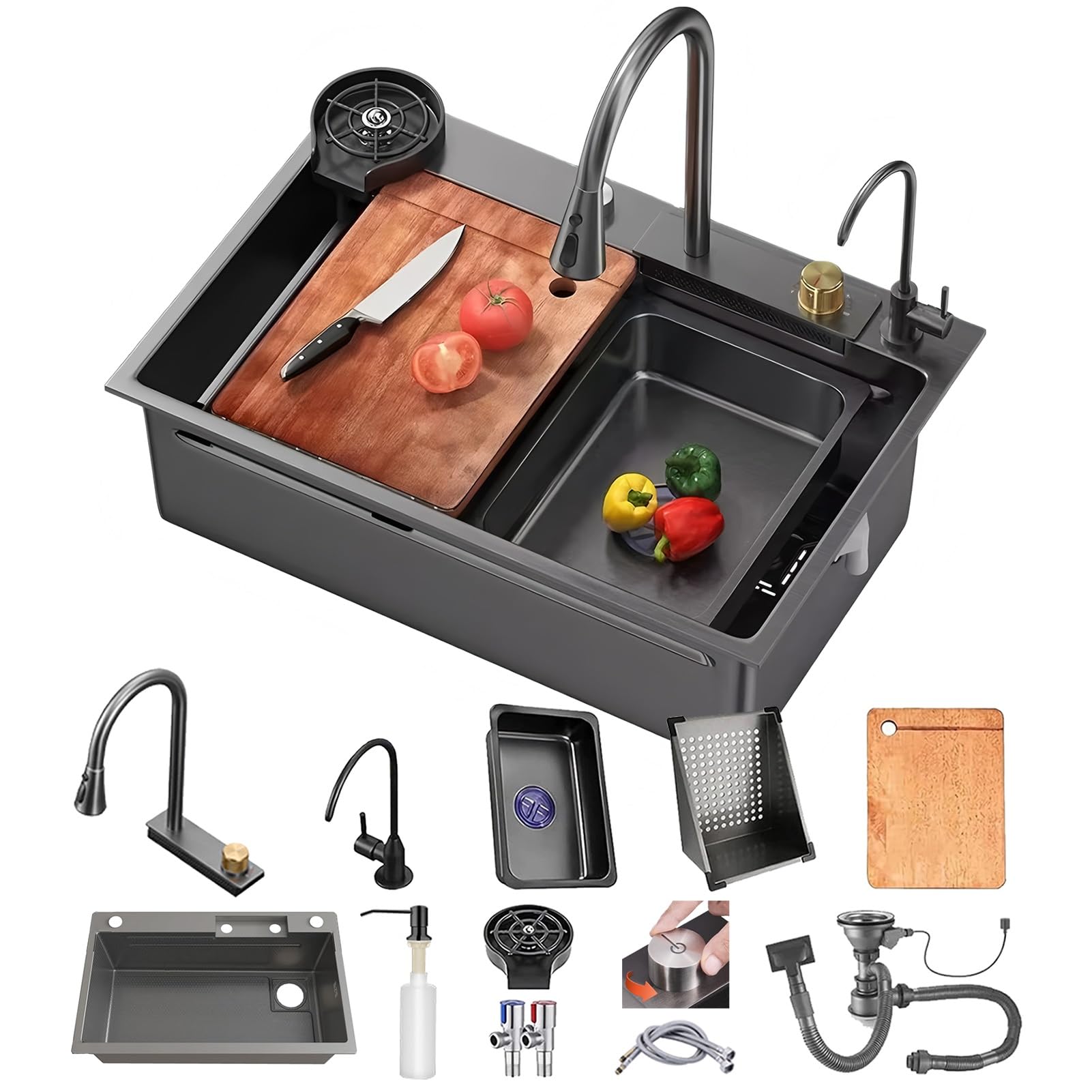 Negro con Cascada, grifo monomando LED de Acero inoxidable para lugar de Trabajo, Tabla de cortar móvil y fregadero con desagüe, Moderno multifuncional (Negro#01A, 70x50cm)
