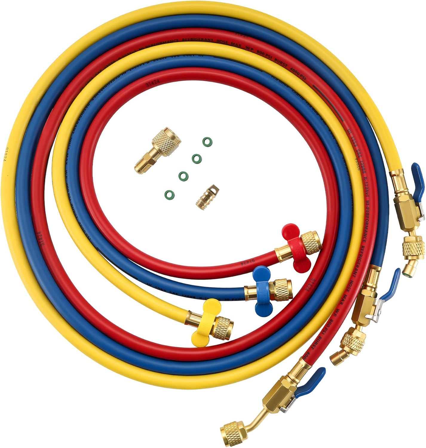 Lichamp A2L Refrigerant Hose Set 3-Pack, 60" Color-Coded with Ball Valve & 1/4" R454B Adapter for R1234YF HVAC