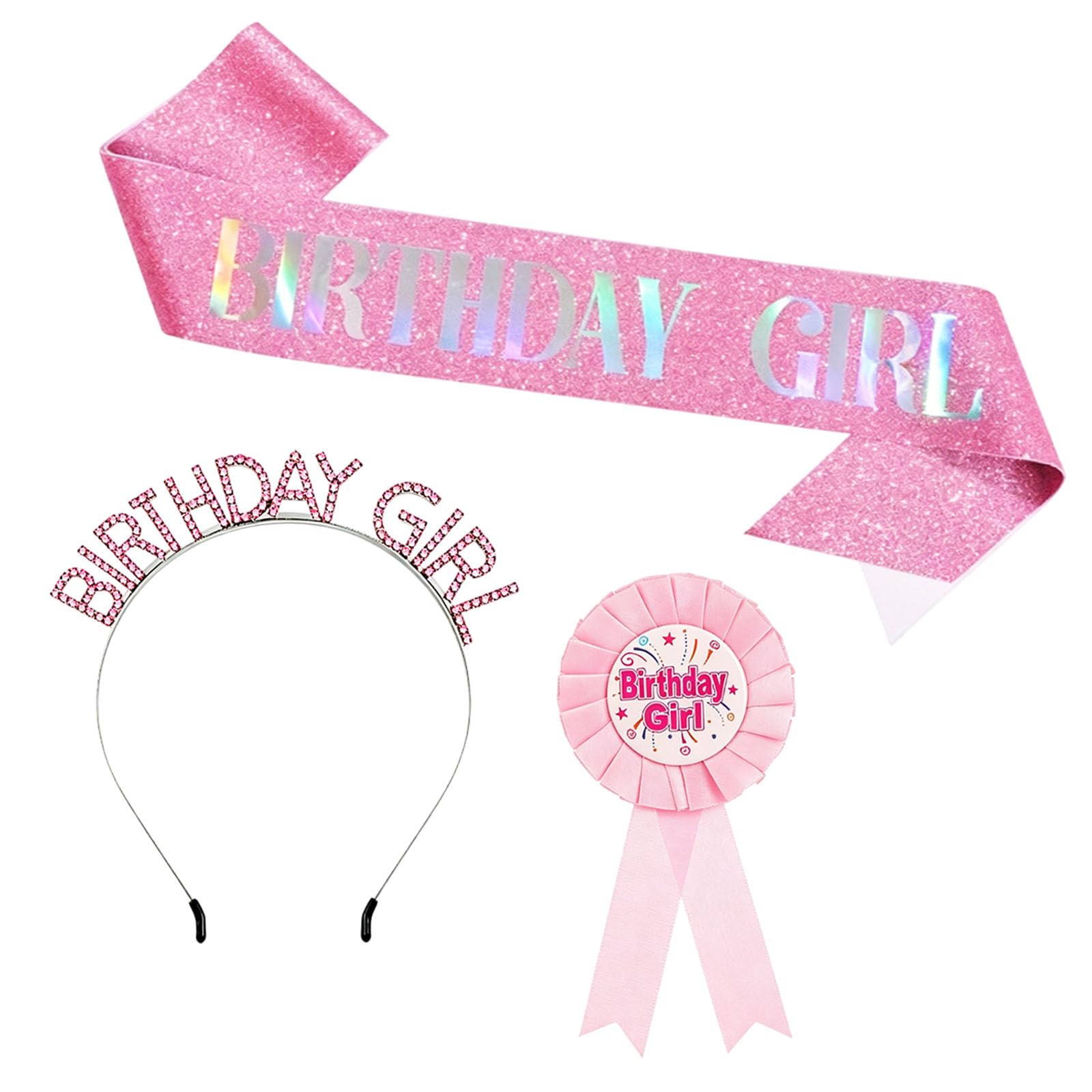 Birthday Girl Badge, Birthday Girl Sash Set with Headband and Badge, Sparkling Funny Pink Accessory Kit for Celebratory Gathering Party Supplies