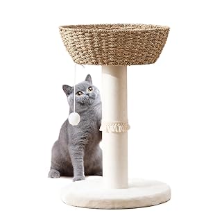 Cat Tree Tower, Natural Material Cat Condo with Handwoven Nest Basket Bed, Cotton Scratching Post, Funny Hanging Toy Ball, 2 Sides Cushion Top Perch, Seagrass - Amazon product rated Grade A