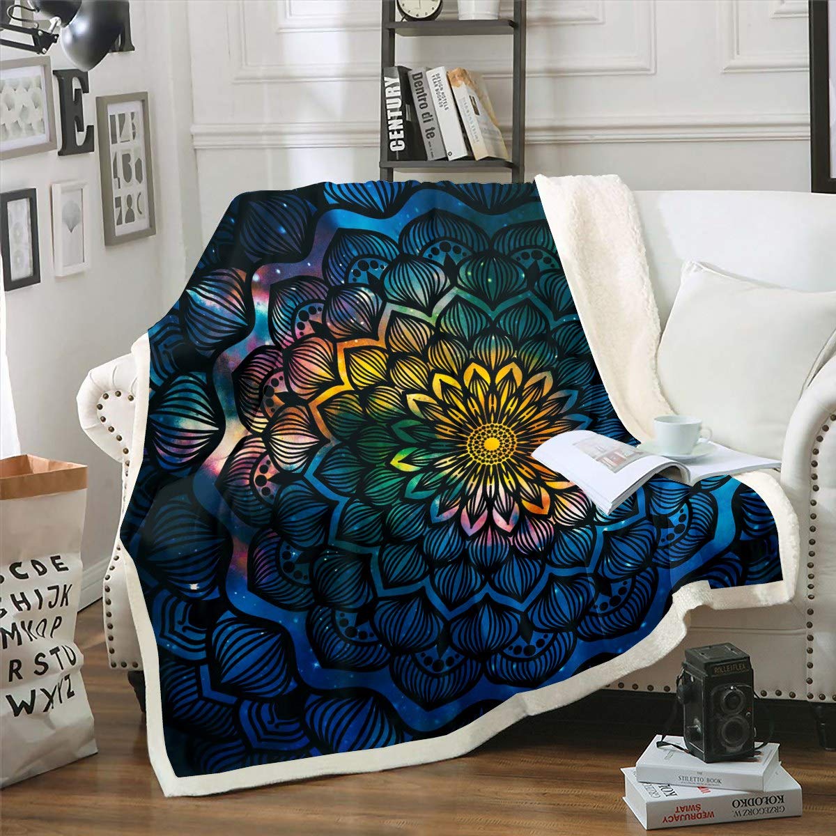 Boho Mandala Fleece Throw Blanket for Sofa Couch Bed Bohemian Style Warm Plush Blanket Decorative Chic Colorful Blue Galaxy Sherpa Blanket Exotic Floral Printed Fuzzy Blanket Single 50"x60"