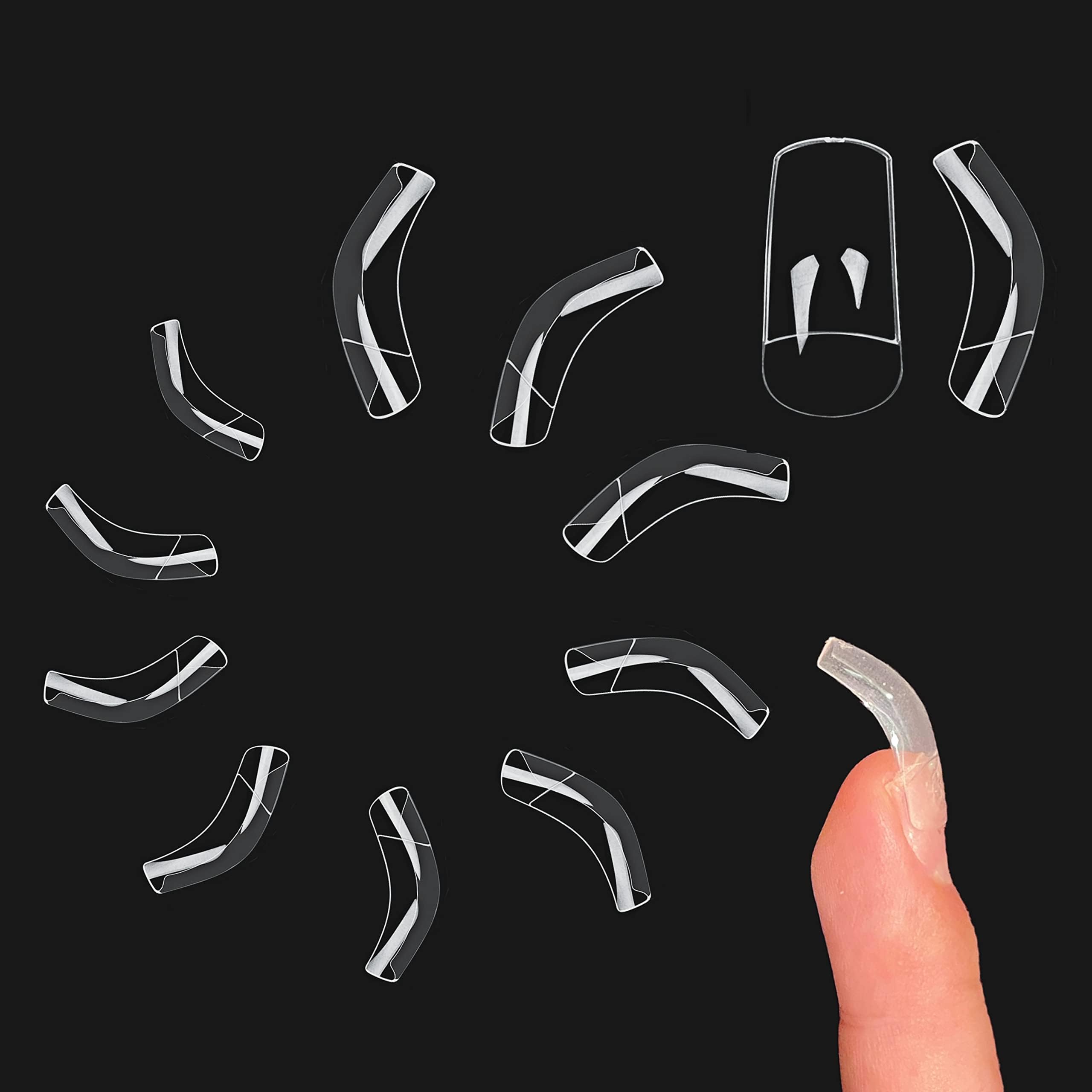 NOVO OVO Halloween 500 pcs Hawk Curved Transparent Clear Cystal Extra Super Extreme Deep Curve Half Cover Short Square Tapered Eagle Claw False Nail Extension Tips Acrylic Nail 10 Sizes Bag Packaging