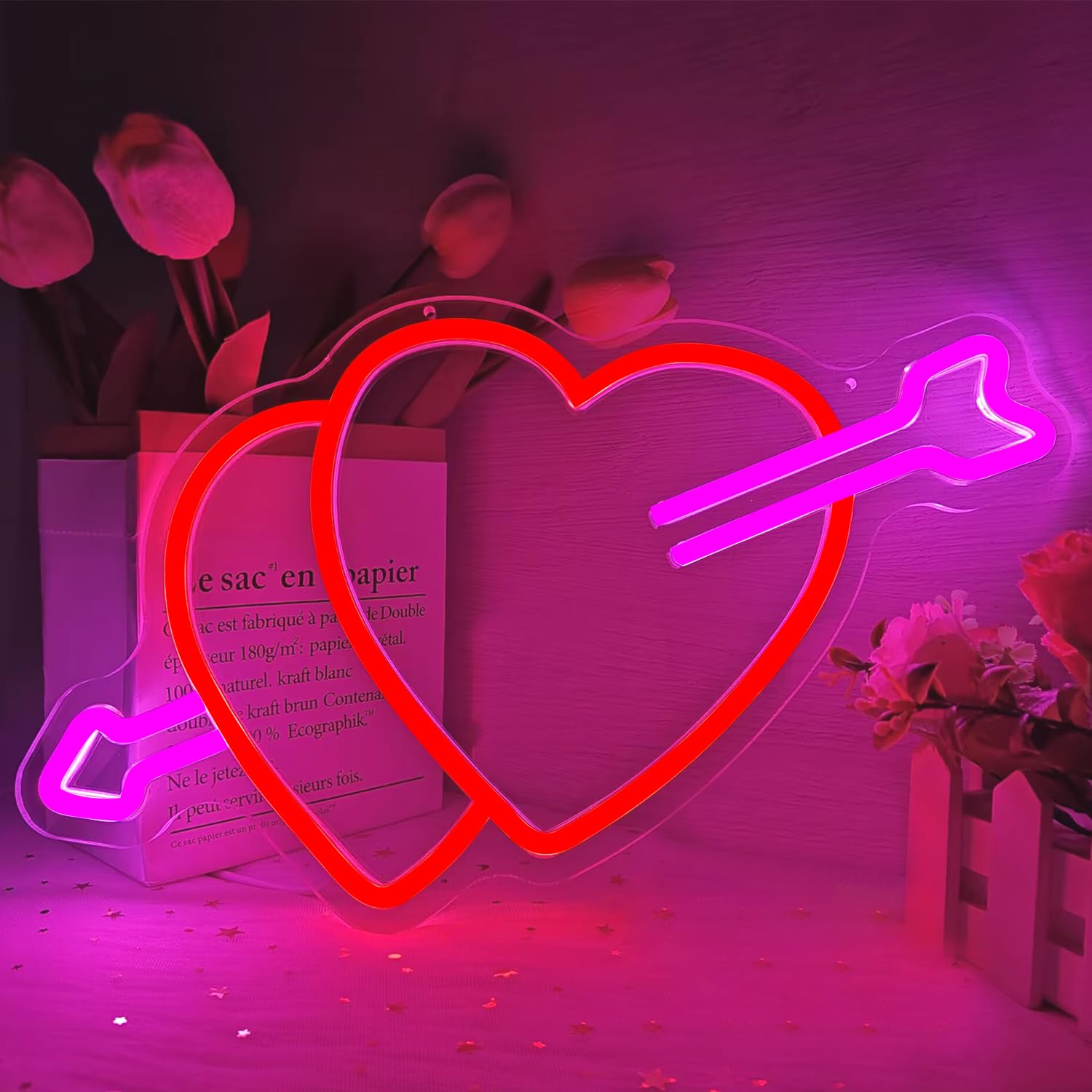 Vveikea Valentines Neon Sign Neon Heart Light Dimmable Heart Wall Decor Valentine Window Lights Led Wedding Sign for Valentines Day Birthday Party